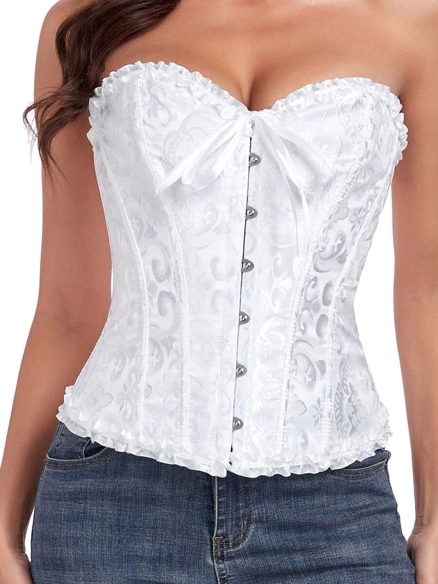 Women's sleeveless corset body shaper top with lace-up front, grommet eyelet details, strong bust and waist support, and a romantic vintage style.
