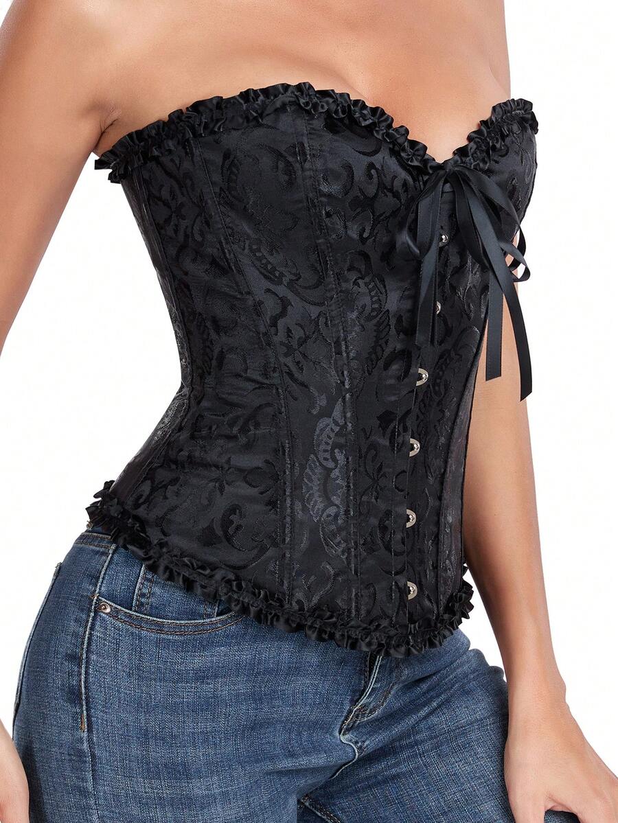 Women's sleeveless corset body shaper top with lace-up front, grommet eyelet details, strong bust and waist support, and a romantic vintage style.