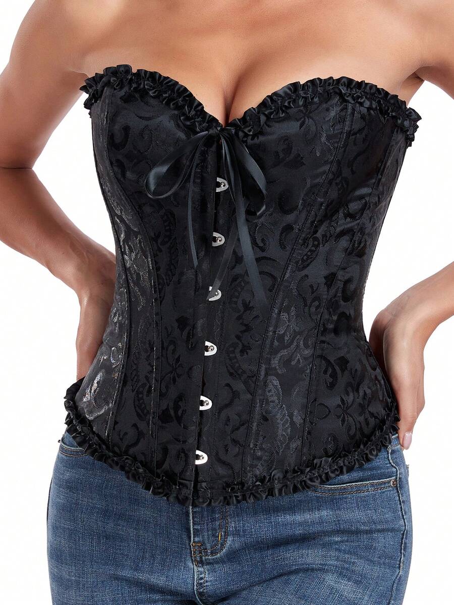 Women's sleeveless corset body shaper top with lace-up front, grommet eyelet details, strong bust and waist support, and a romantic vintage style.