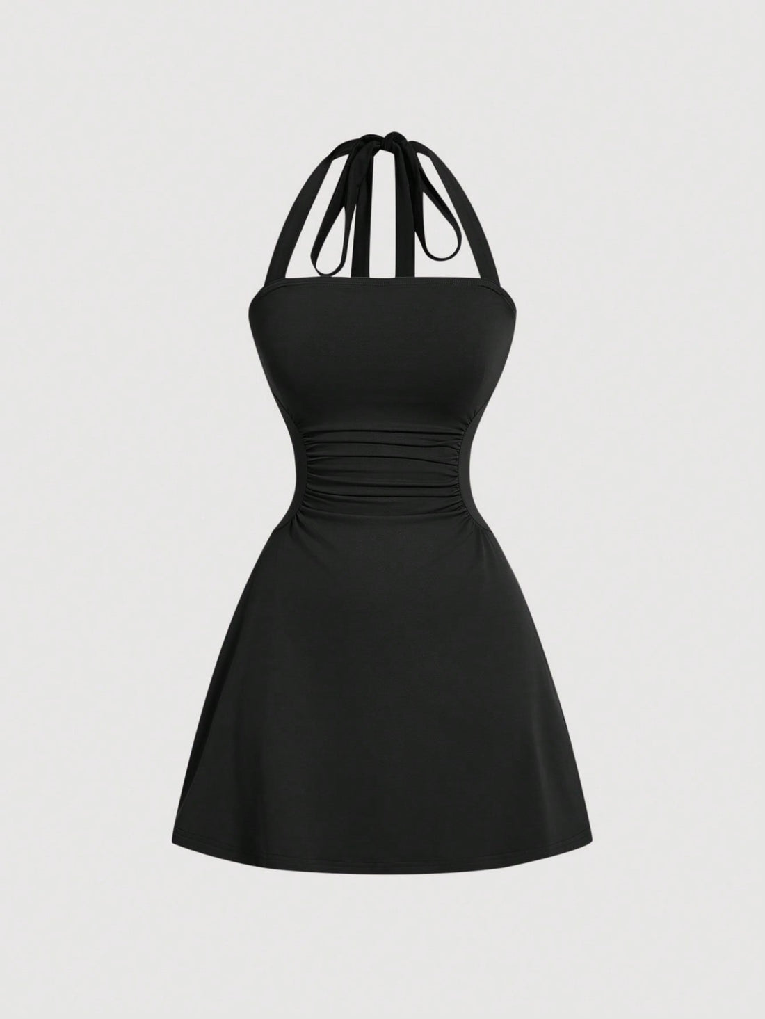 Women's black sleeveless halter neck A-line mini dress featuring backless ruched knot details and slim fit stretch knit fabric.