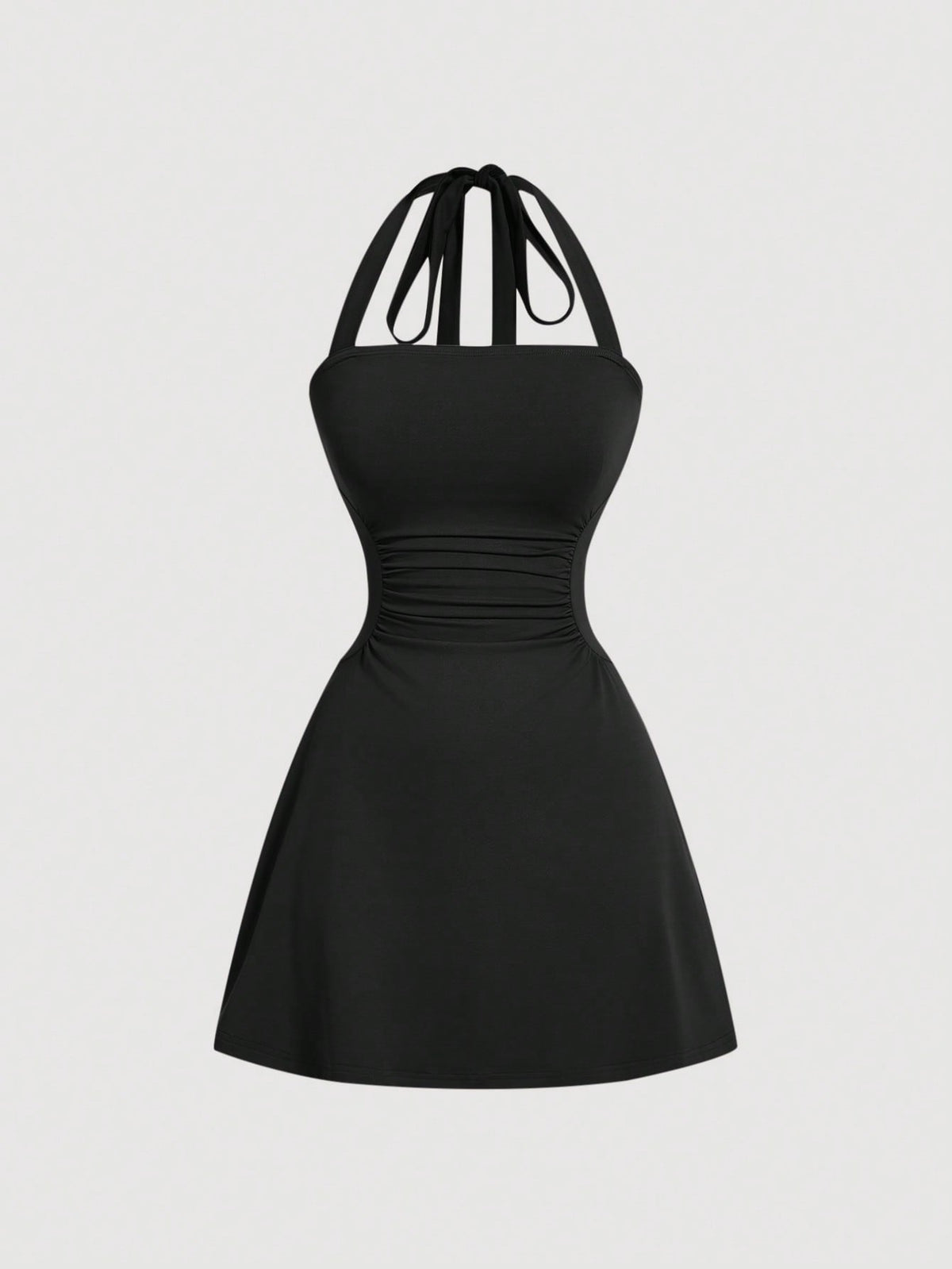 Women's black sleeveless halter neck A-line mini dress featuring backless ruched knot details and slim fit stretch knit fabric.
