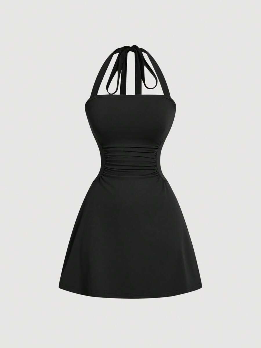 Women's black sleeveless halter neck A-line mini dress featuring backless ruched knot details and slim fit stretch knit fabric.