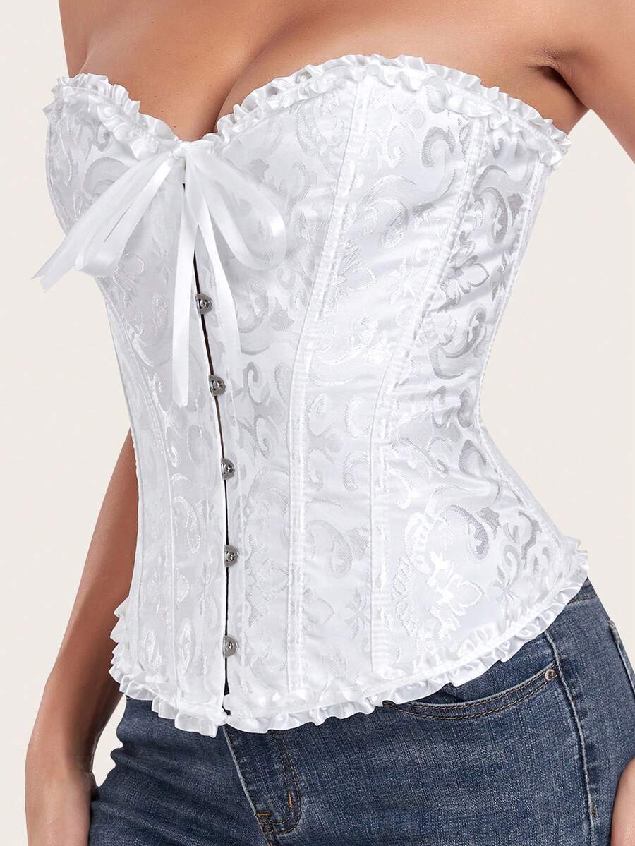 Women's sleeveless corset body shaper top with lace-up front, grommet eyelet details, strong bust and waist support, and a romantic vintage style.