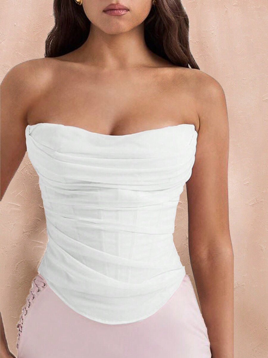 Black strapless corset crop top with asymmetrical lace-up ruched detailing and a slim fit for women.