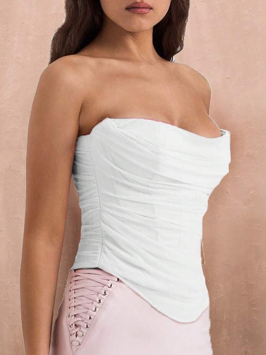 Black strapless corset crop top with asymmetrical lace-up ruched detailing and a slim fit for women.