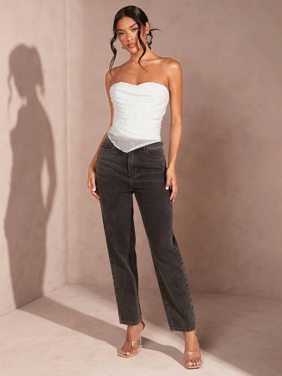 Black strapless corset crop top with asymmetrical lace-up ruched detailing and a slim fit for women.