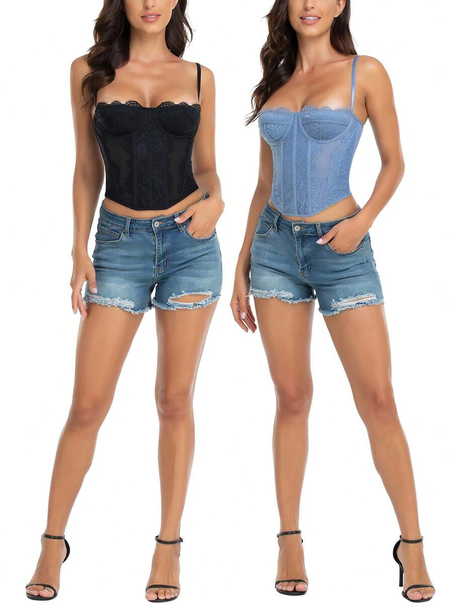 Black lace bustier corset top for women with asymmetrical contrast lace, lace-up detail, sleeveless crop cut, and light support.
