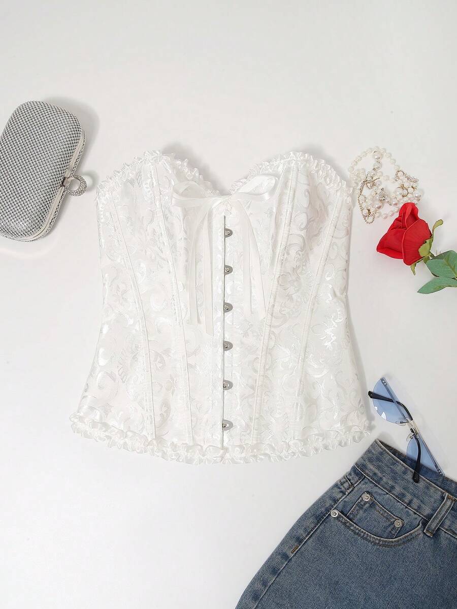 Women's sleeveless corset body shaper top with lace-up front, grommet eyelet details, strong bust and waist support, and a romantic vintage style.