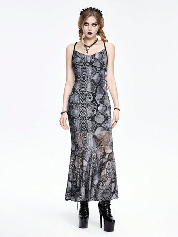 Multicolor snakeskin print mesh bodycon maxi dress with criss-cross backless design, spaghetti straps, and a ruffle mermaid hem.