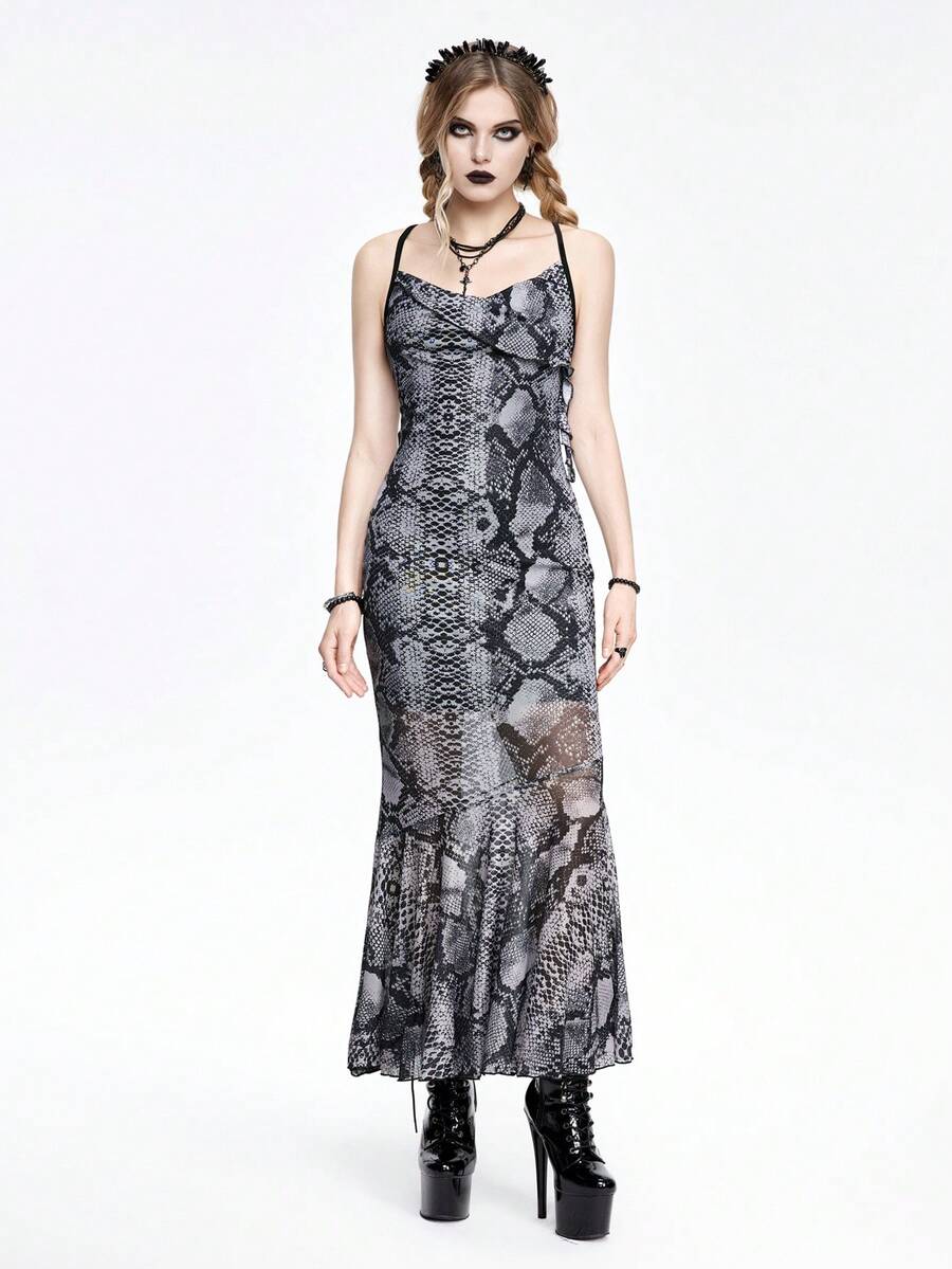 Multicolor snakeskin print mesh bodycon maxi dress with criss-cross backless design, spaghetti straps, and a ruffle mermaid hem.