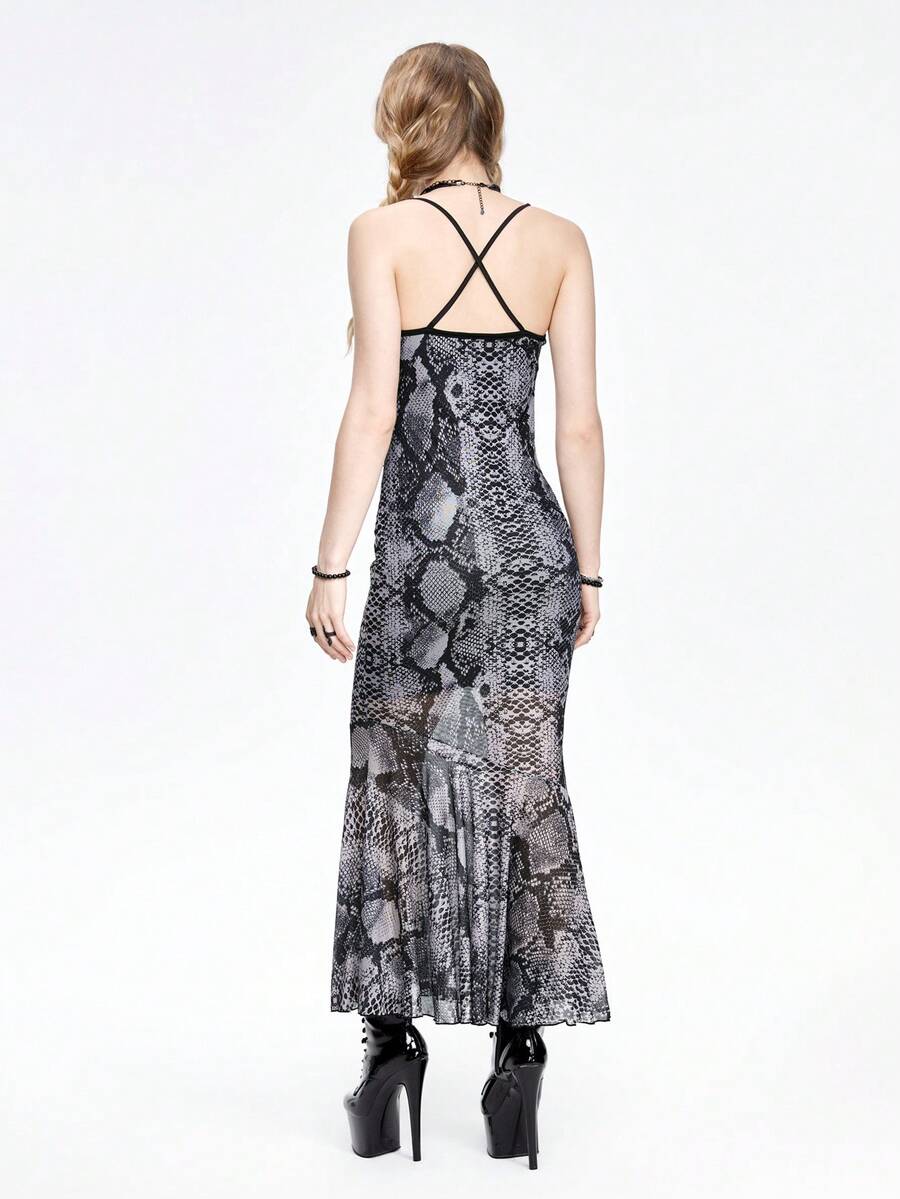 Multicolor snakeskin print mesh bodycon maxi dress with criss-cross backless design, spaghetti straps, and a ruffle mermaid hem.
