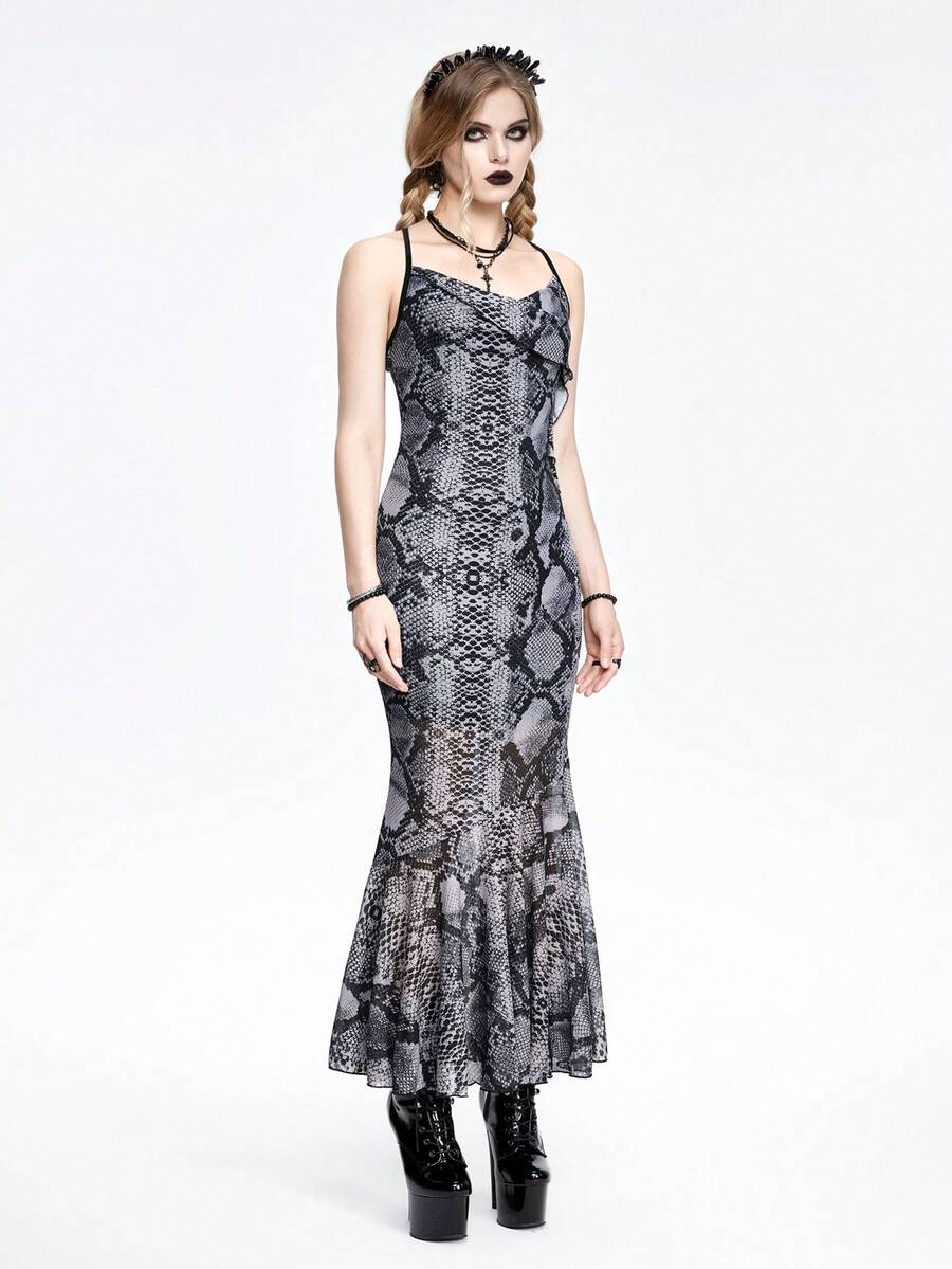 Multicolor snakeskin print mesh bodycon maxi dress with criss-cross backless design, spaghetti straps, and a ruffle mermaid hem.
