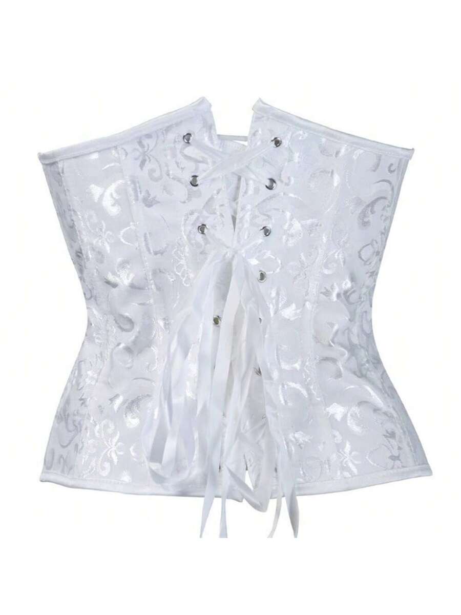 Vintage lace-up waist trainer corset with grommet eyelet details and plant pattern, designed for Halloween styling.