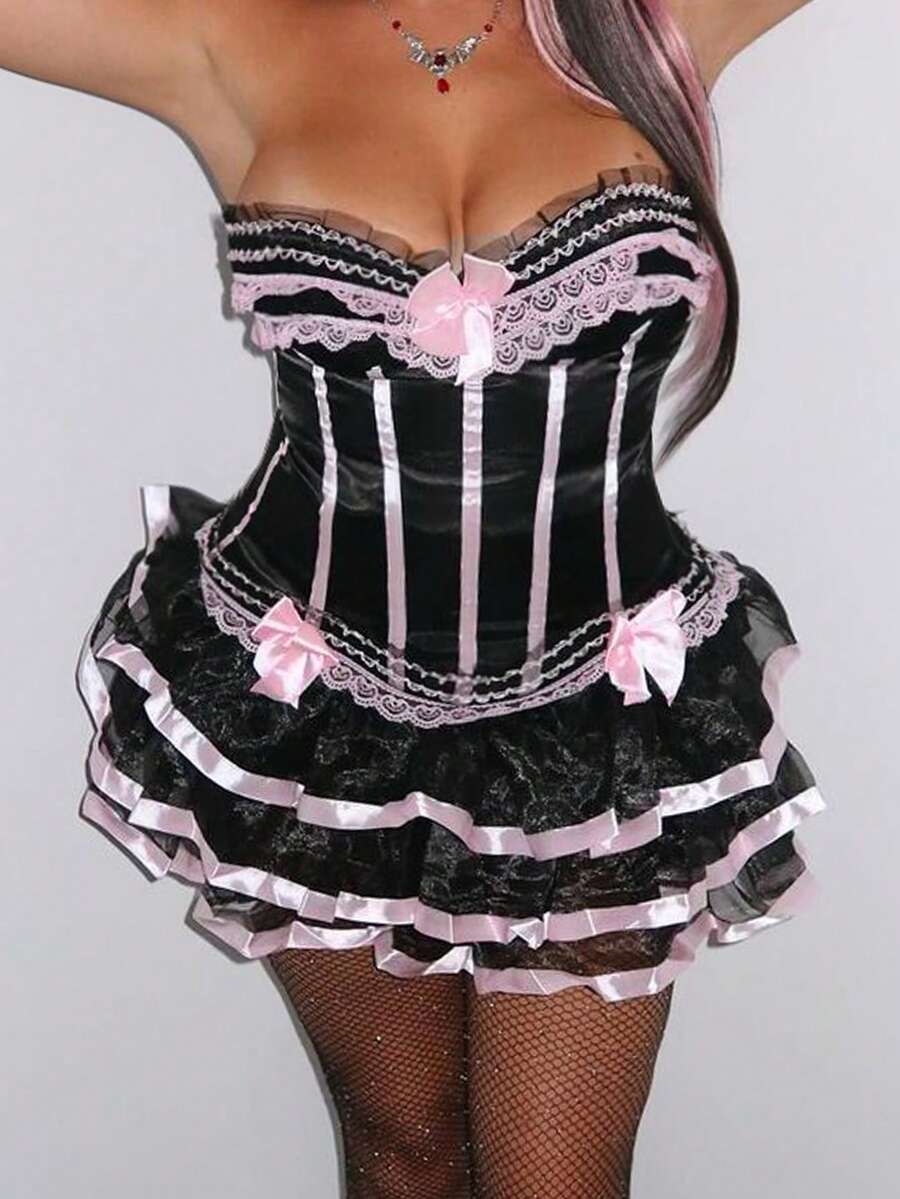 Women’s strapless corset tube top with backless design, lace-up back, grommet eyelets, and slim fit styling in a multicolor pattern.