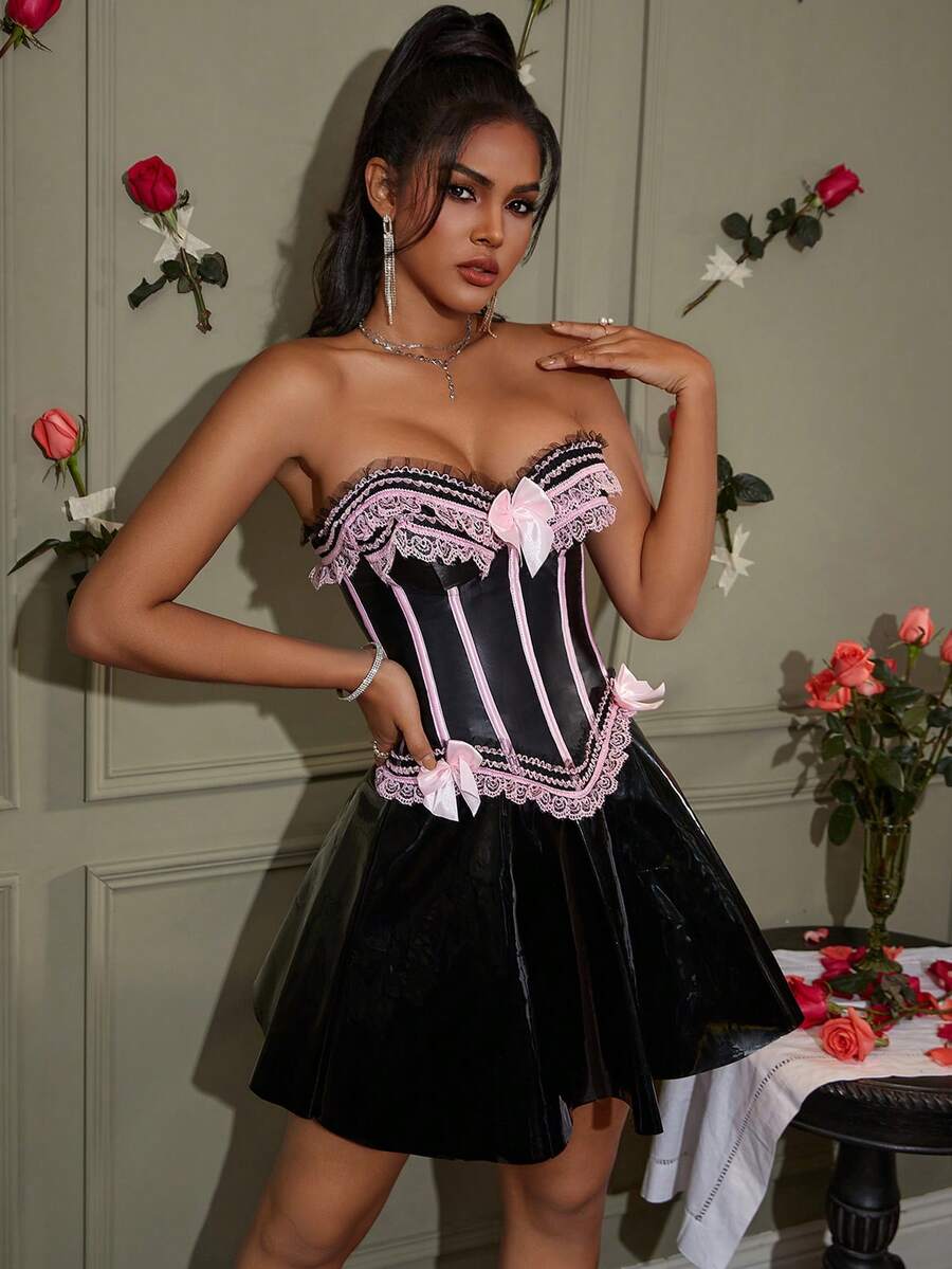 Women’s strapless corset tube top with backless design, lace-up back, grommet eyelets, and slim fit styling in a multicolor pattern.