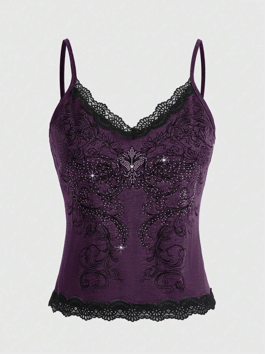 Pink floral print crop camisole top for women featuring contrast lace trim, spaghetti straps, and a slim fit.