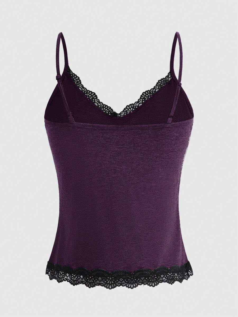 Pink floral print crop camisole top for women featuring contrast lace trim, spaghetti straps, and a slim fit.