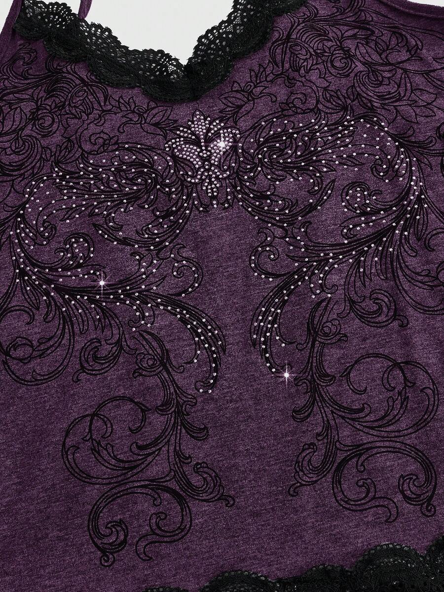 Pink floral print crop camisole top for women featuring contrast lace trim, spaghetti straps, and a slim fit.