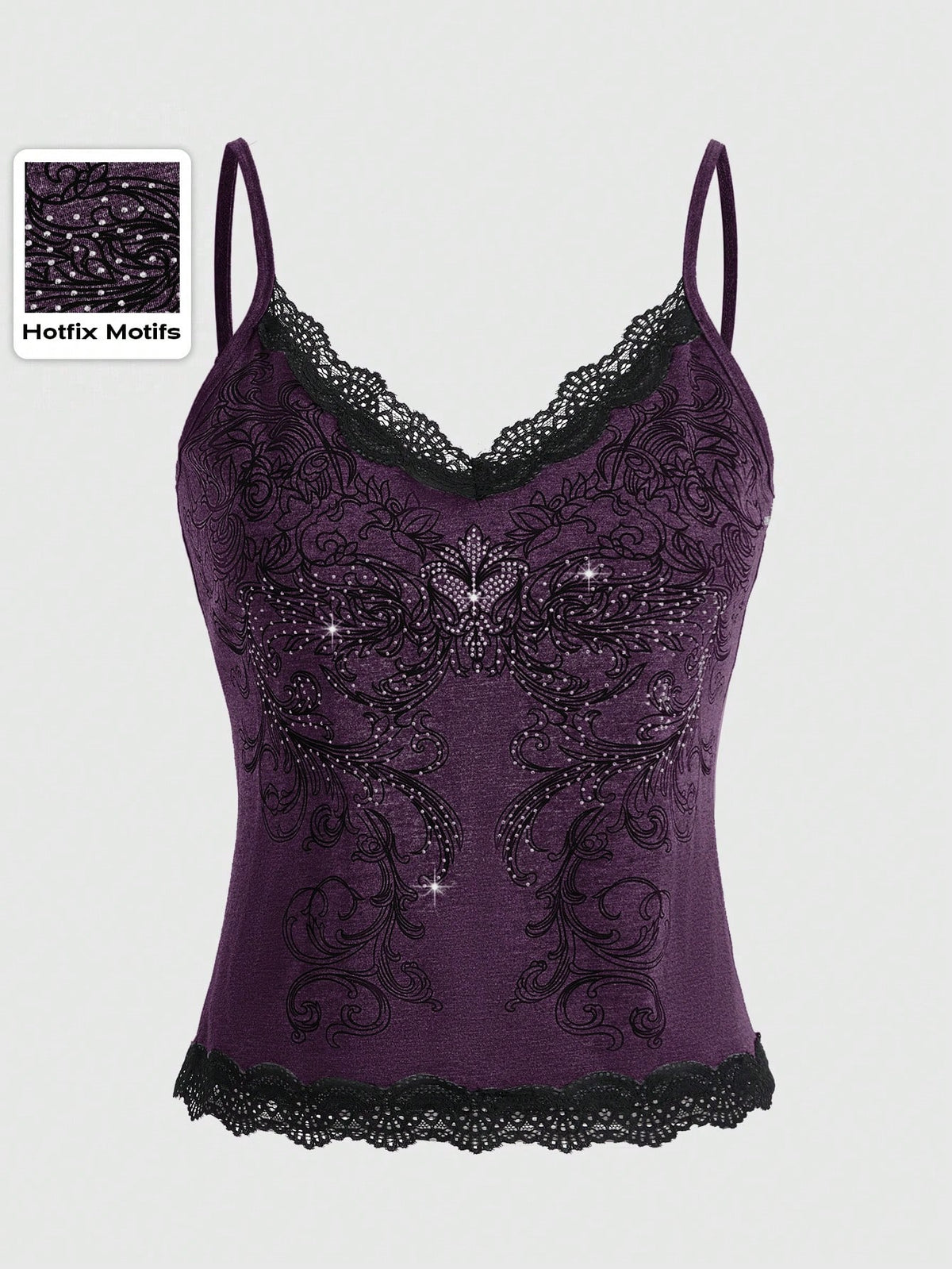 Pink floral print crop camisole top for women featuring contrast lace trim, spaghetti straps, and a slim fit.