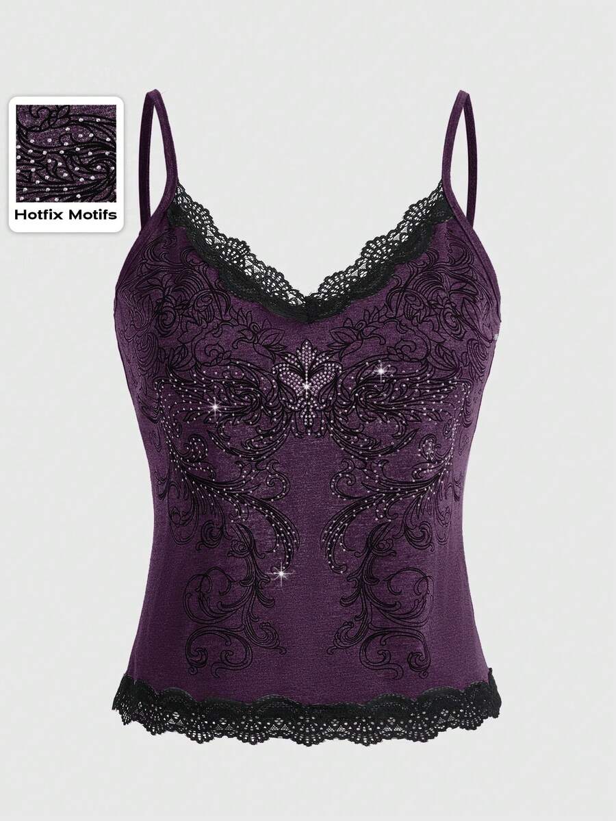 Pink floral print crop camisole top for women featuring contrast lace trim, spaghetti straps, and a slim fit.