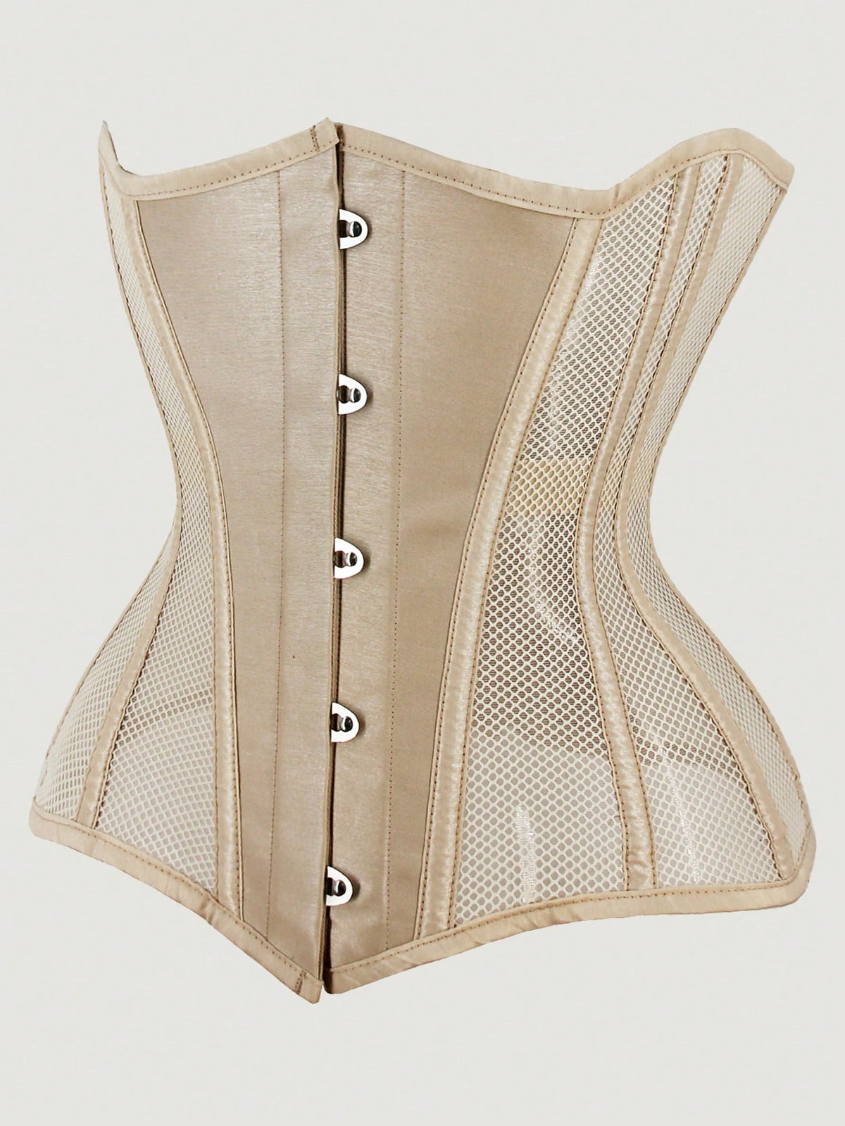 Women's black breathable mesh waist trainer corset with 14 steel bones and tie-back grommet eyelet detailing.