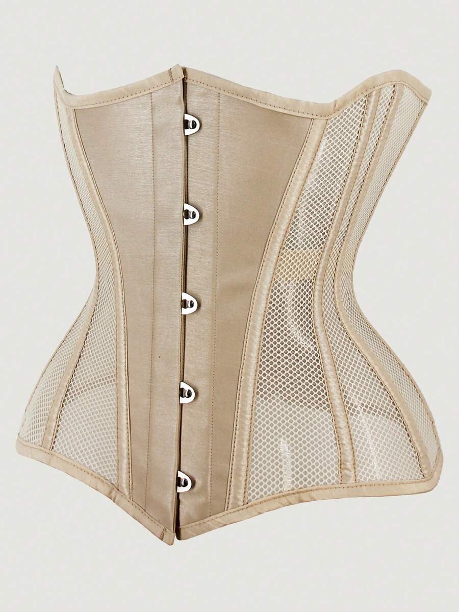 Women's black breathable mesh waist trainer corset with 14 steel bones and tie-back grommet eyelet detailing.