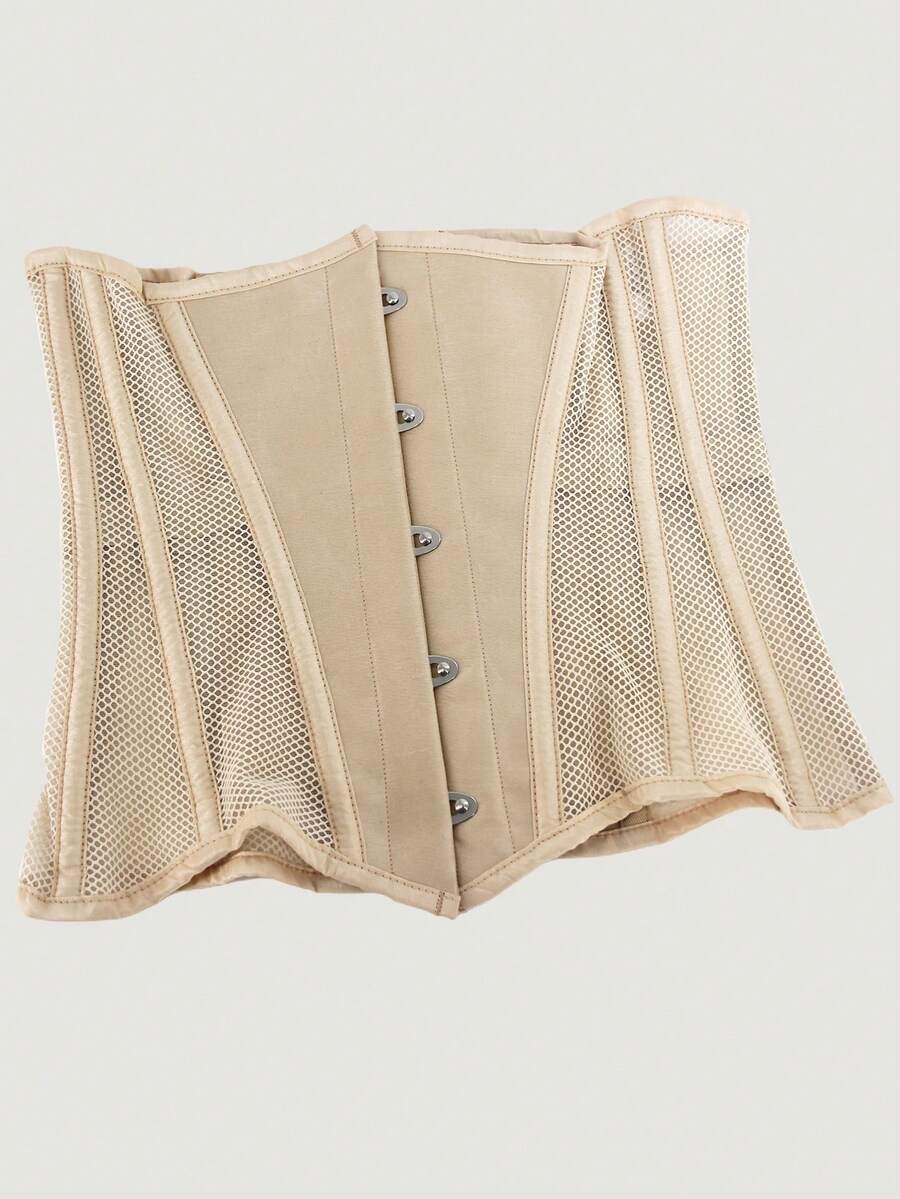 Women's black breathable mesh waist trainer corset with 14 steel bones and tie-back grommet eyelet detailing.