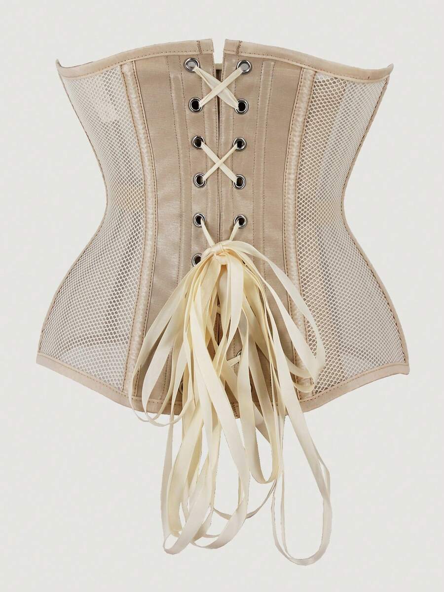 Women's black breathable mesh waist trainer corset with 14 steel bones and tie-back grommet eyelet detailing.