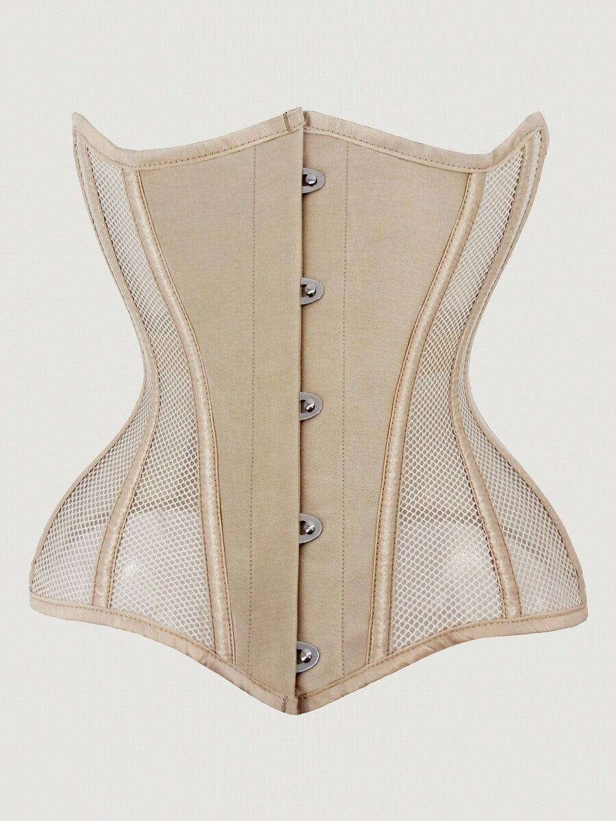Women's black breathable mesh waist trainer corset with 14 steel bones and tie-back grommet eyelet detailing.