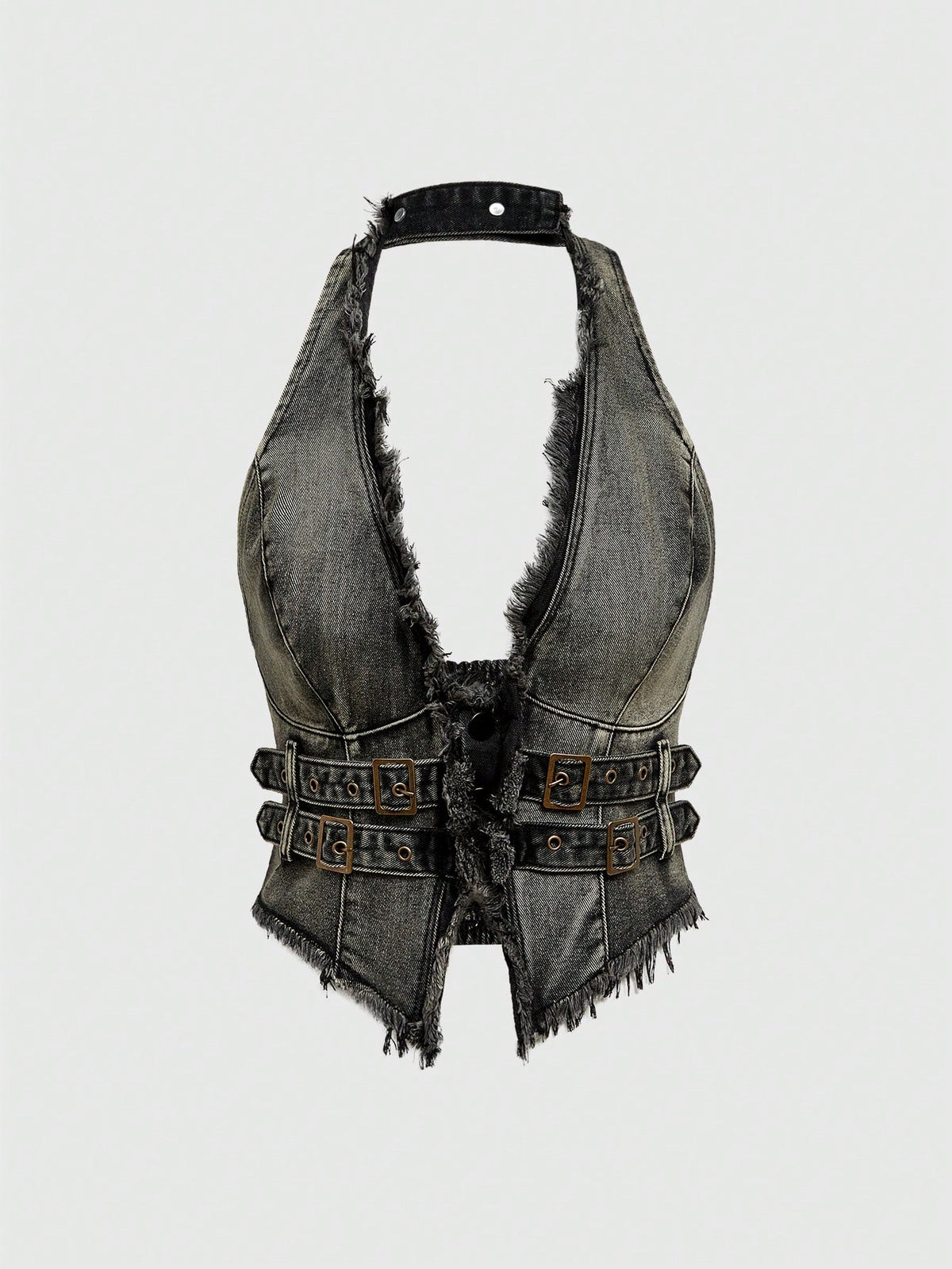 Women's denim halter crop top featuring a backless design, asymmetrical hem, single-breasted front, and lettuce trim.