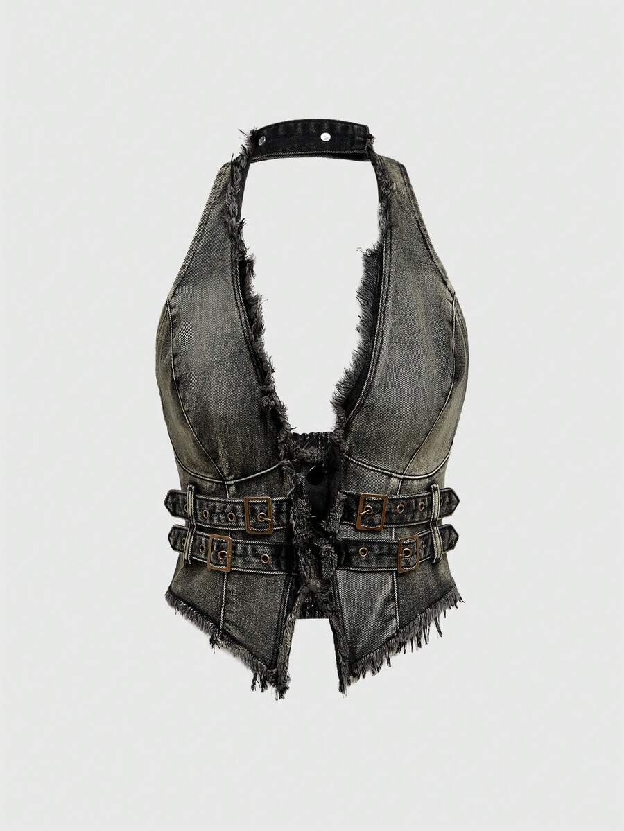Women's denim halter crop top featuring a backless design, asymmetrical hem, single-breasted front, and lettuce trim.
