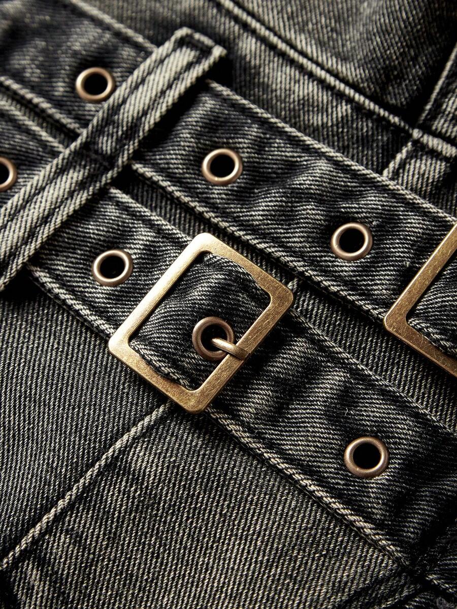 Women's denim halter crop top featuring a backless design, asymmetrical hem, single-breasted front, and lettuce trim.