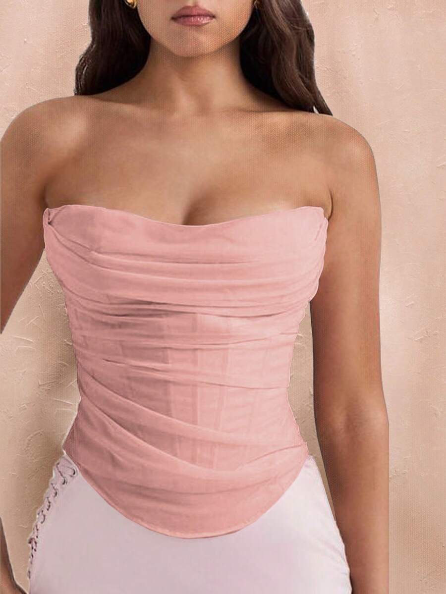 Black strapless corset crop top with asymmetrical lace-up ruched detailing and a slim fit for women.