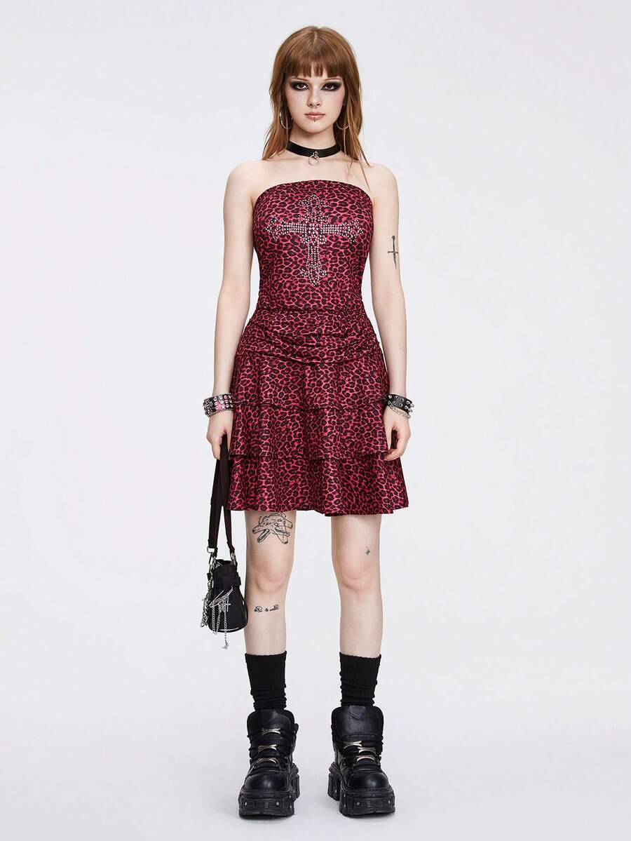Red strapless mini dress for women featuring a high-waisted slim fit with a tiered ruffle hem in stretch knitted fabric.
