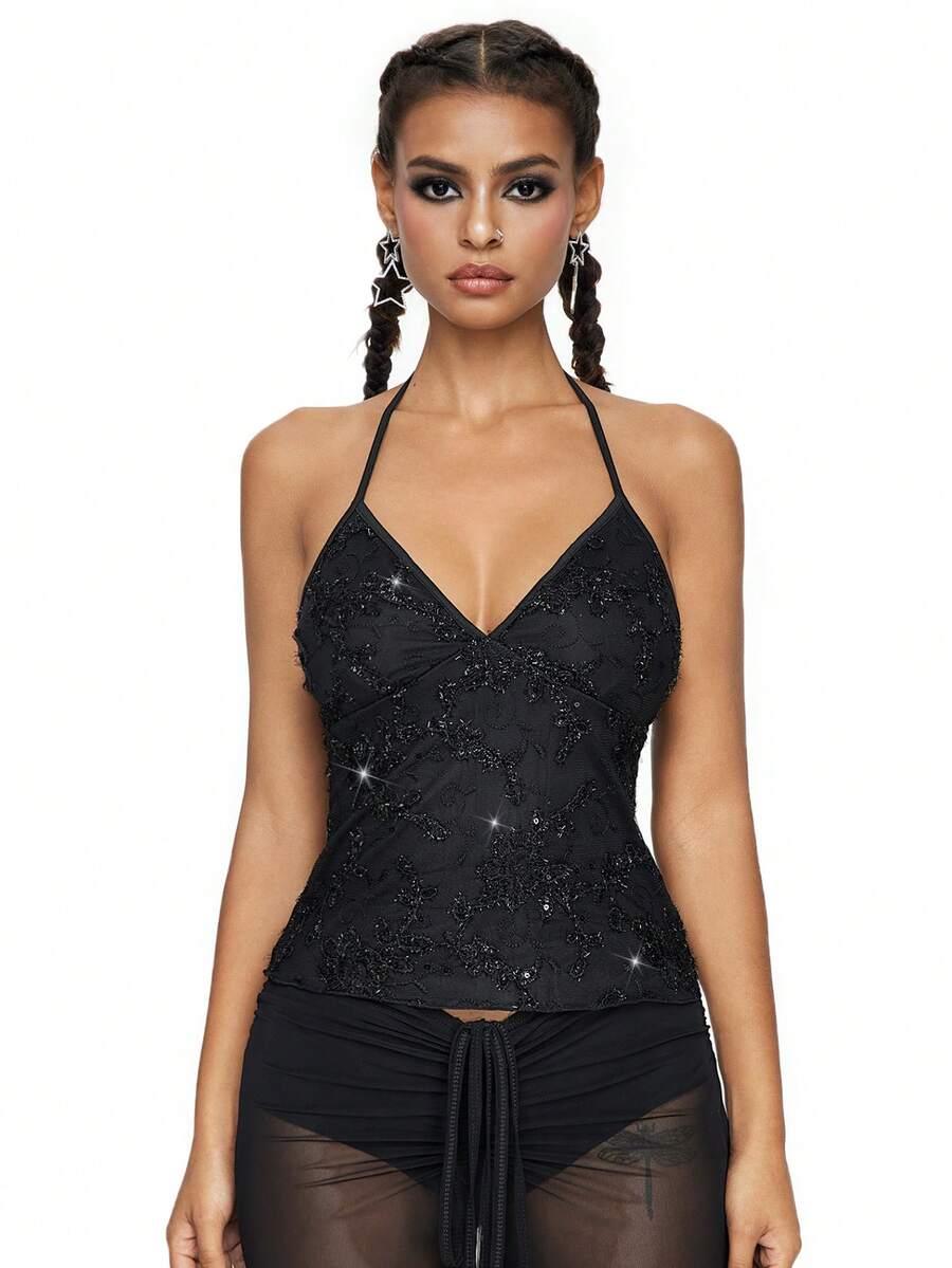 Women's black mesh sequin halter top featuring a backless design, knot details, and lace fabric.