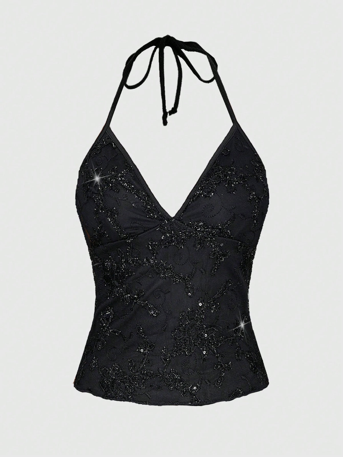 Women's black mesh sequin halter top featuring a backless design, knot details, and lace fabric.
