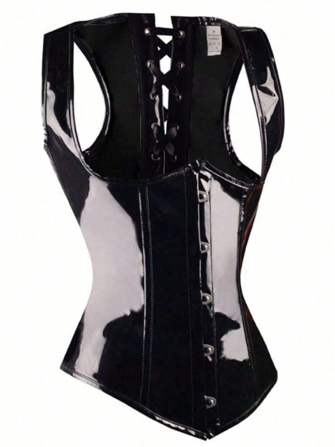 Black patent leather corset top for women featuring front steel buckle detail and back lace-up grommet eyelets.
