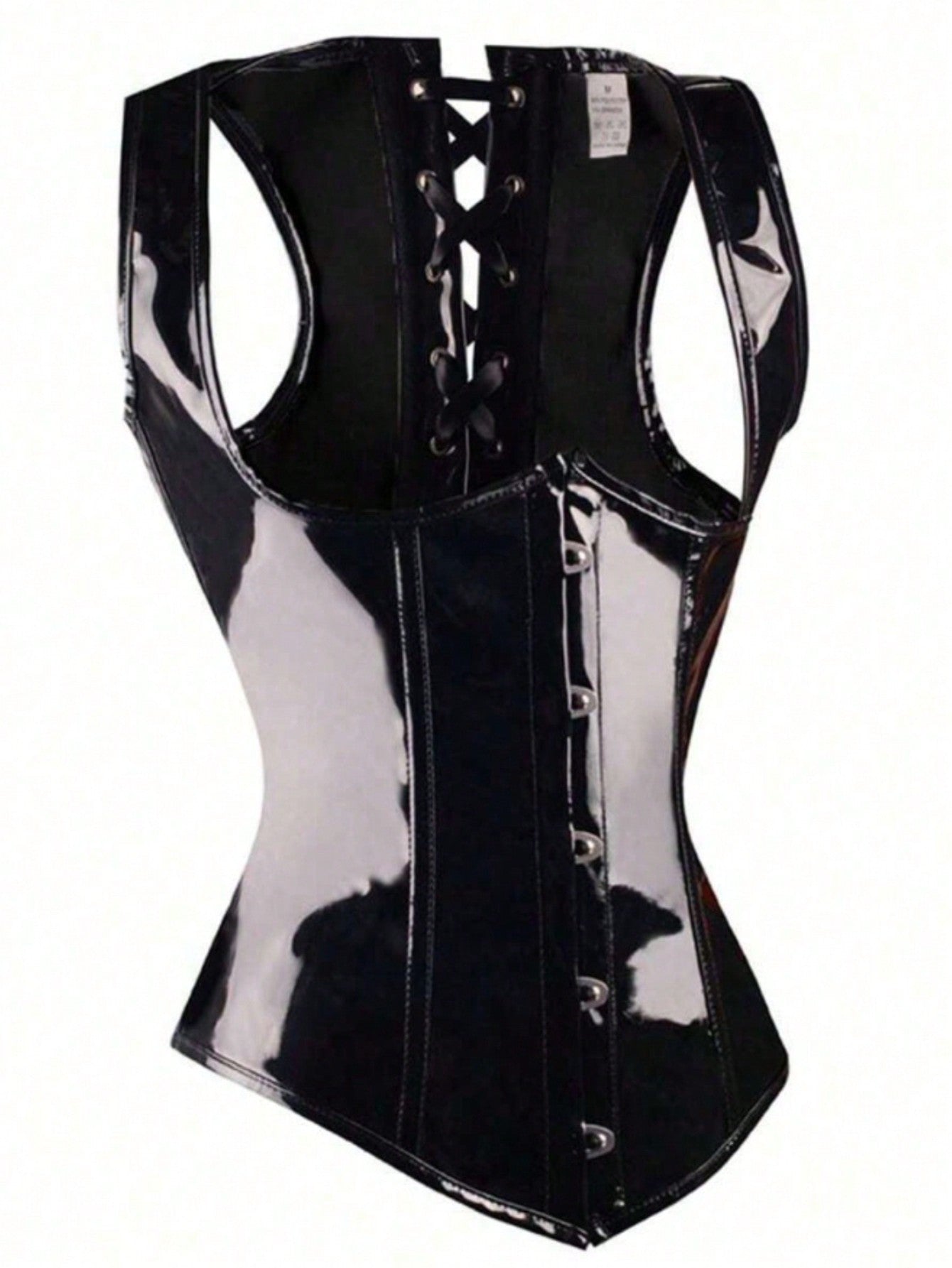 Black patent leather corset top for women featuring front steel buckle detail and back lace-up grommet eyelets.