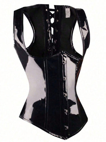 Black patent leather corset top for women featuring front steel buckle detail and back lace-up grommet eyelets.