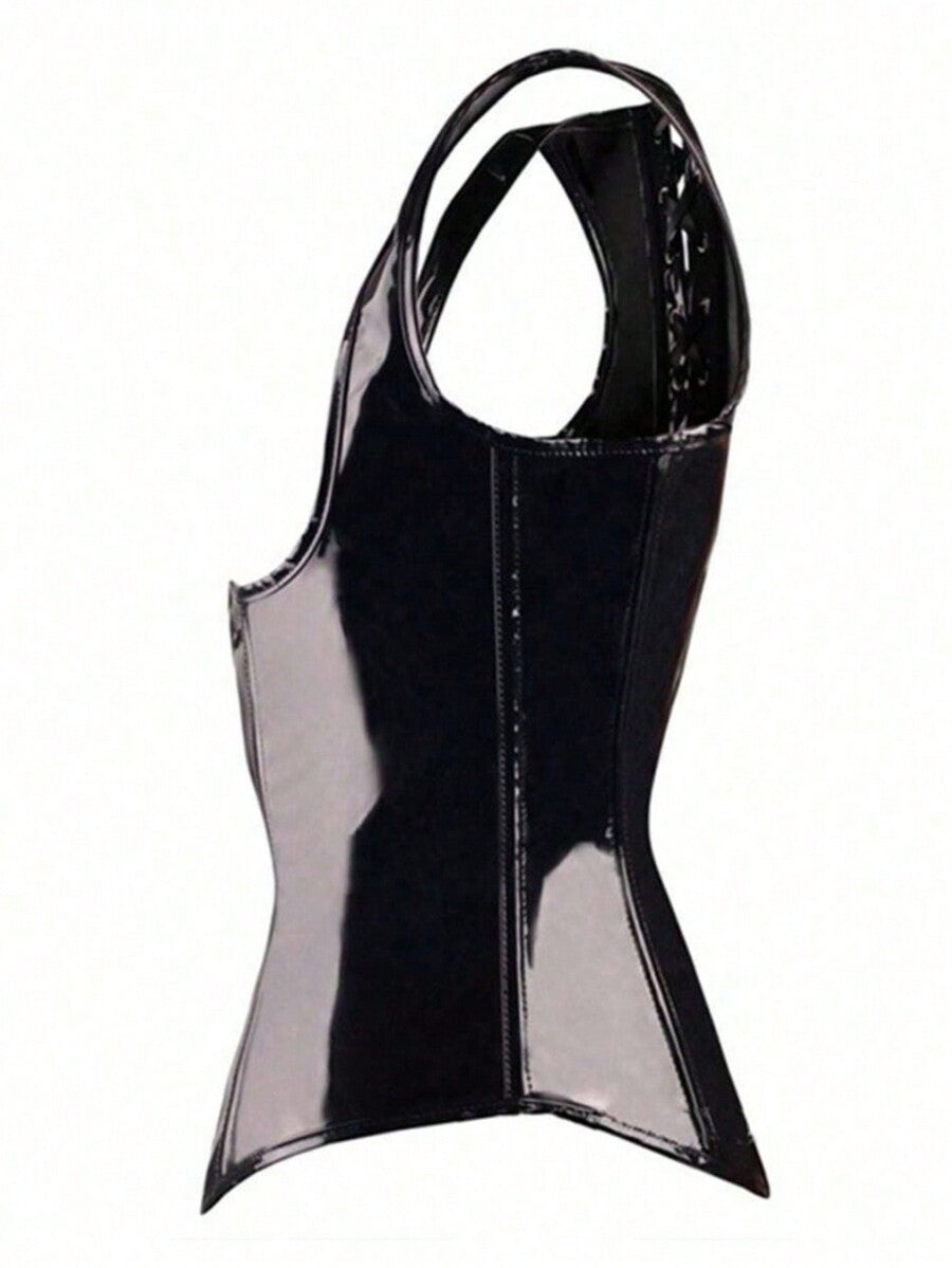 Black patent leather corset top for women featuring front steel buckle detail and back lace-up grommet eyelets.