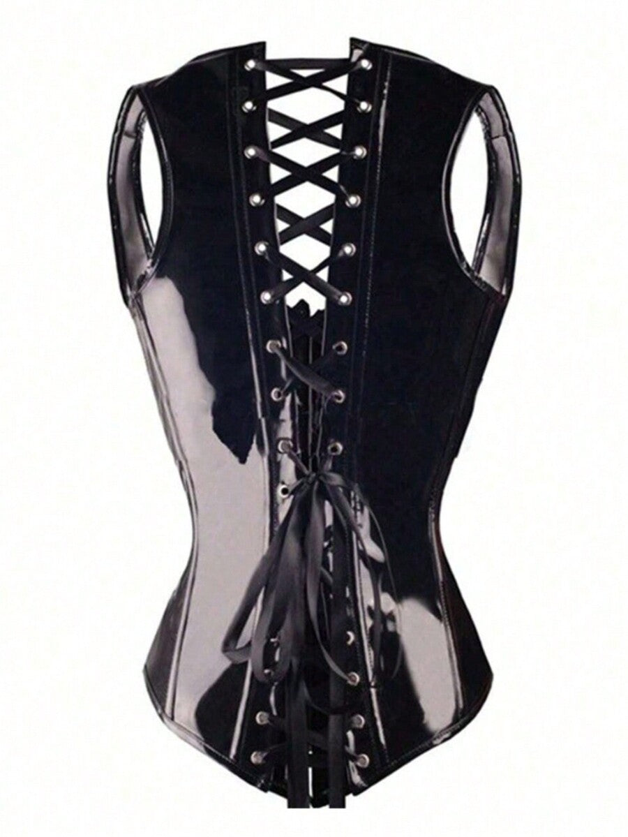 Black patent leather corset top for women featuring front steel buckle detail and back lace-up grommet eyelets.