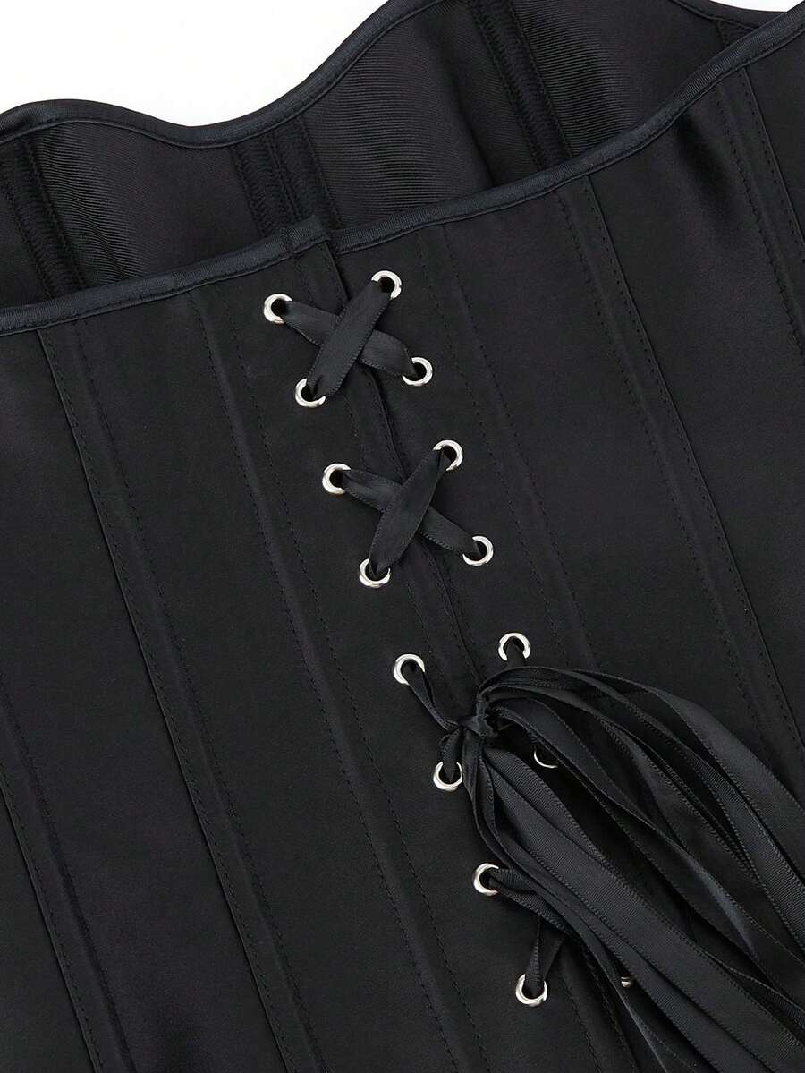 Black overbust corset top bustier with 11 steel bones, side zipper, and grommet eyelet detailing for waist shaping.