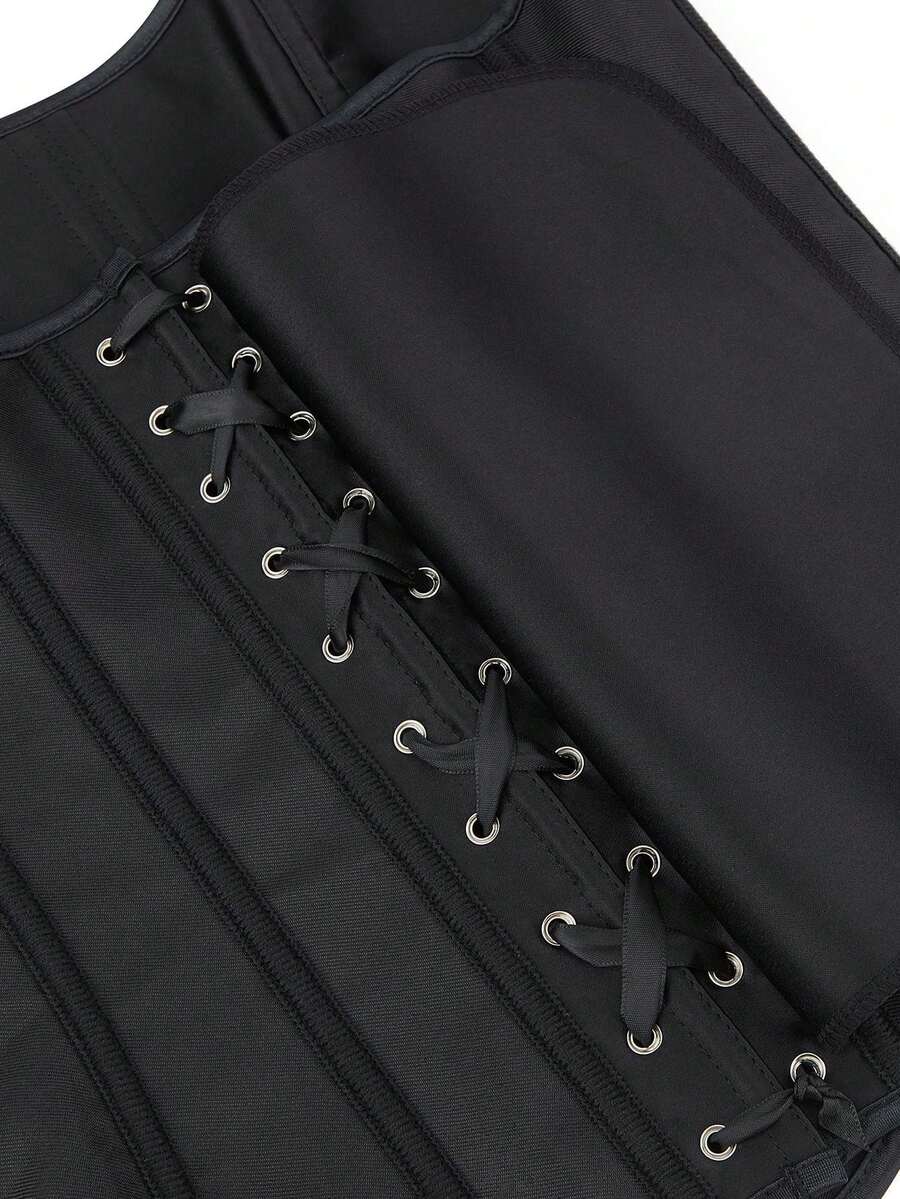 Black overbust corset top bustier with 11 steel bones, side zipper, and grommet eyelet detailing for waist shaping.