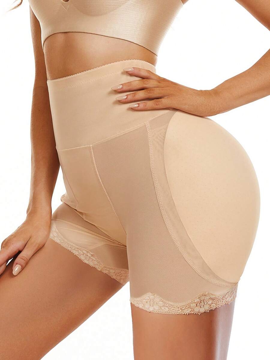 Women's super high waist shaping shorts in apricot knit fabric featuring contrast lace trim for tummy and thigh control.