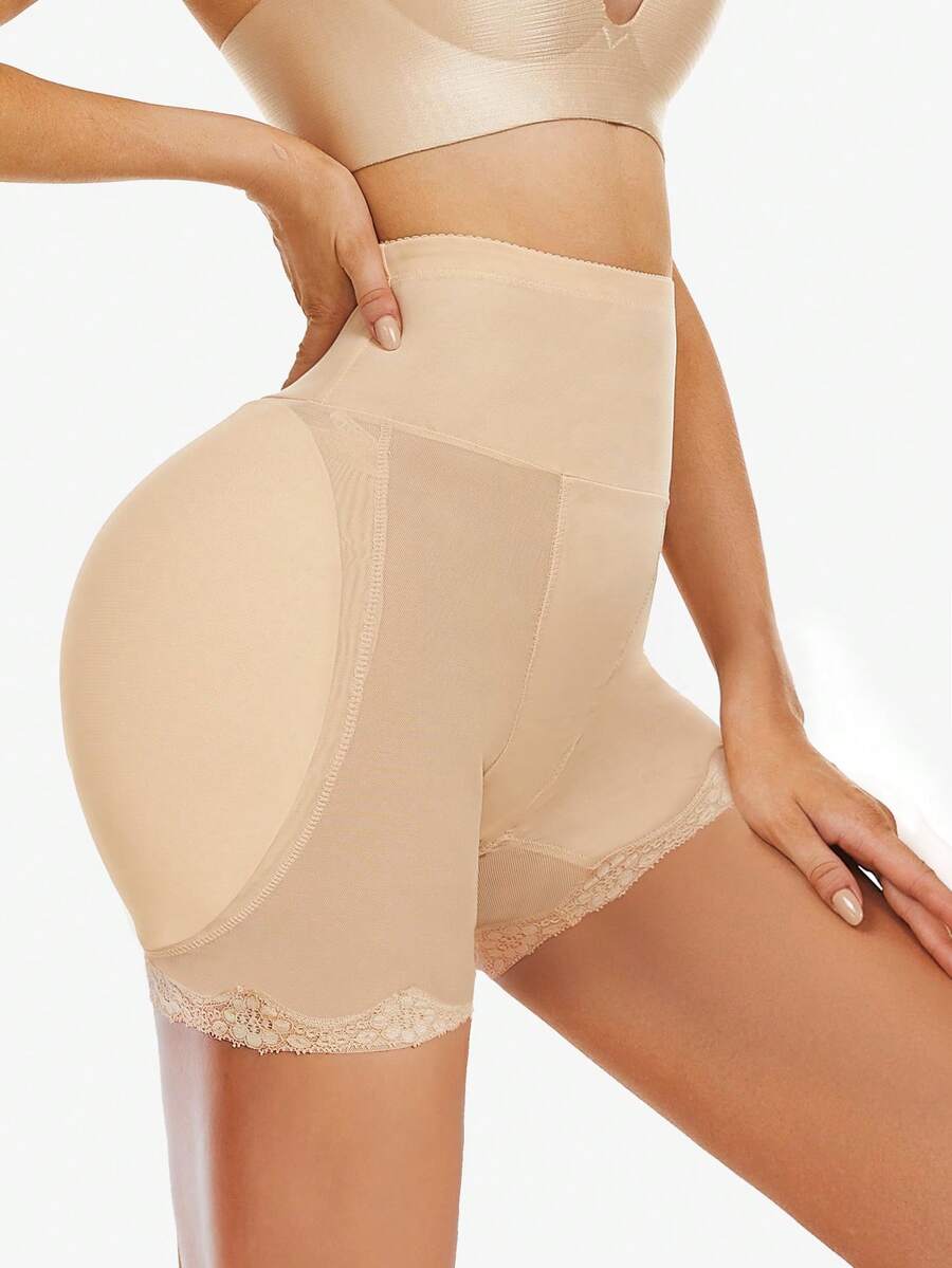 Women's super high waist shaping shorts in apricot knit fabric featuring contrast lace trim for tummy and thigh control.