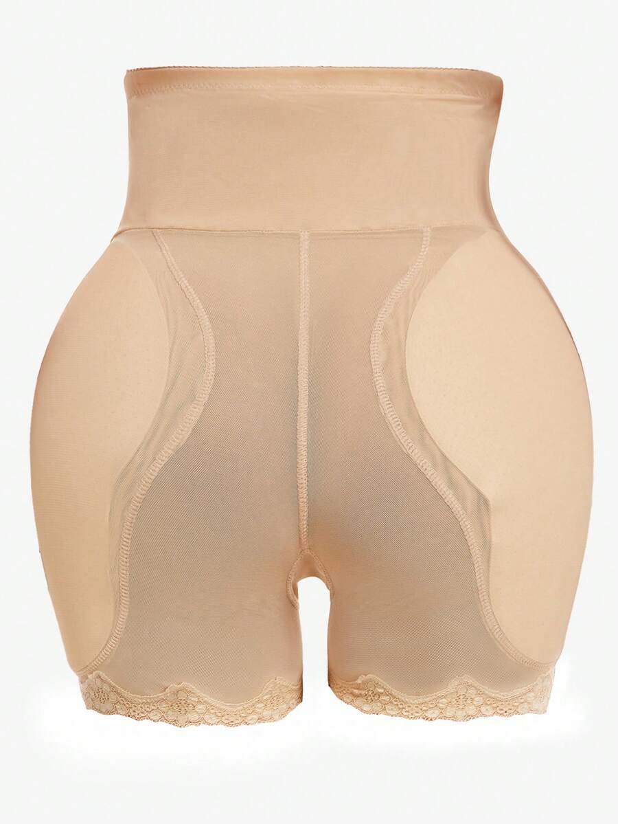 Women's super high waist shaping shorts in apricot knit fabric featuring contrast lace trim for tummy and thigh control.