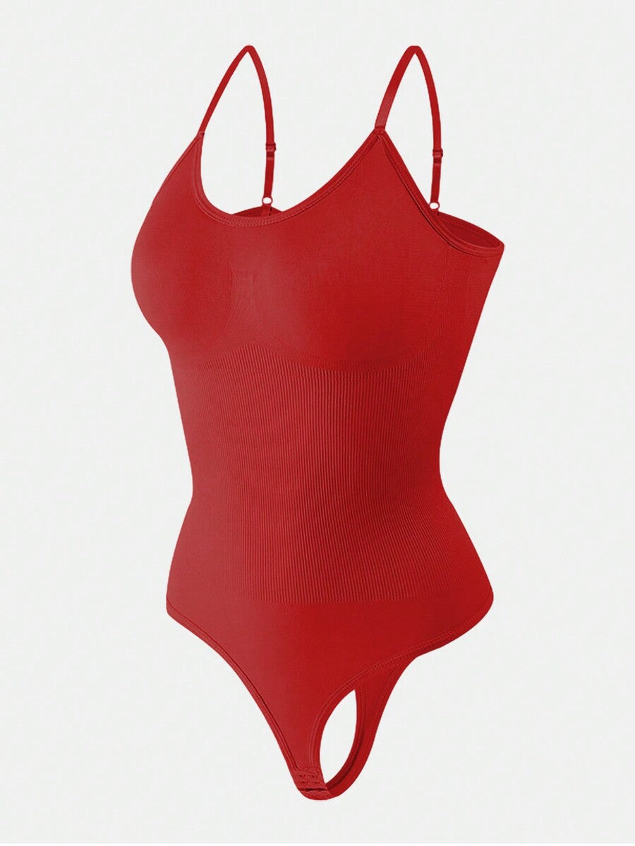 Brown seamless shapewear bodysuit featuring backless design, thong bottom, non-removable padding, and high-stretch fabric for tummy and waist control.