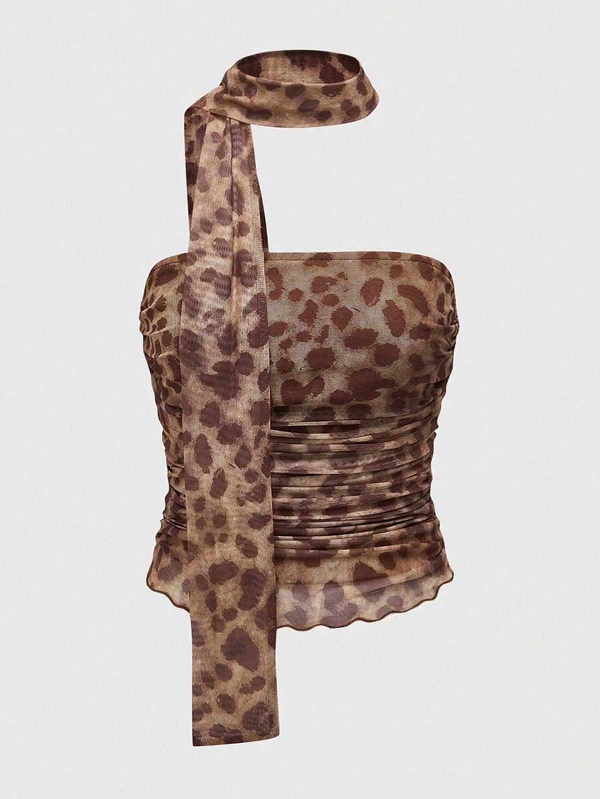 Women's black polka dot strapless tube top made of ruched mesh fabric featuring an asymmetrical hem and matching scarf.