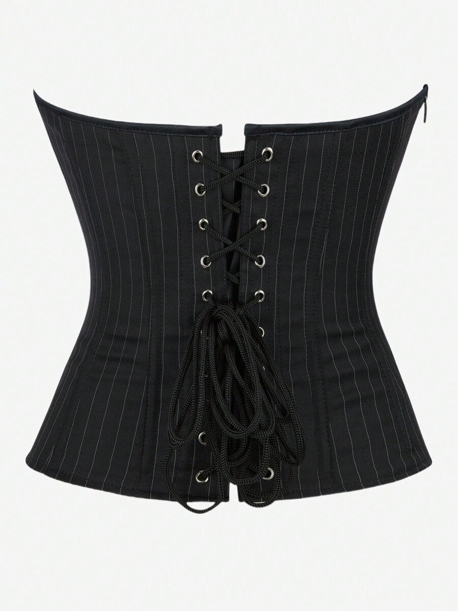 Black overbust corset top with strapless design, boned support, tie-back and zipper closure for women shapewear styling.