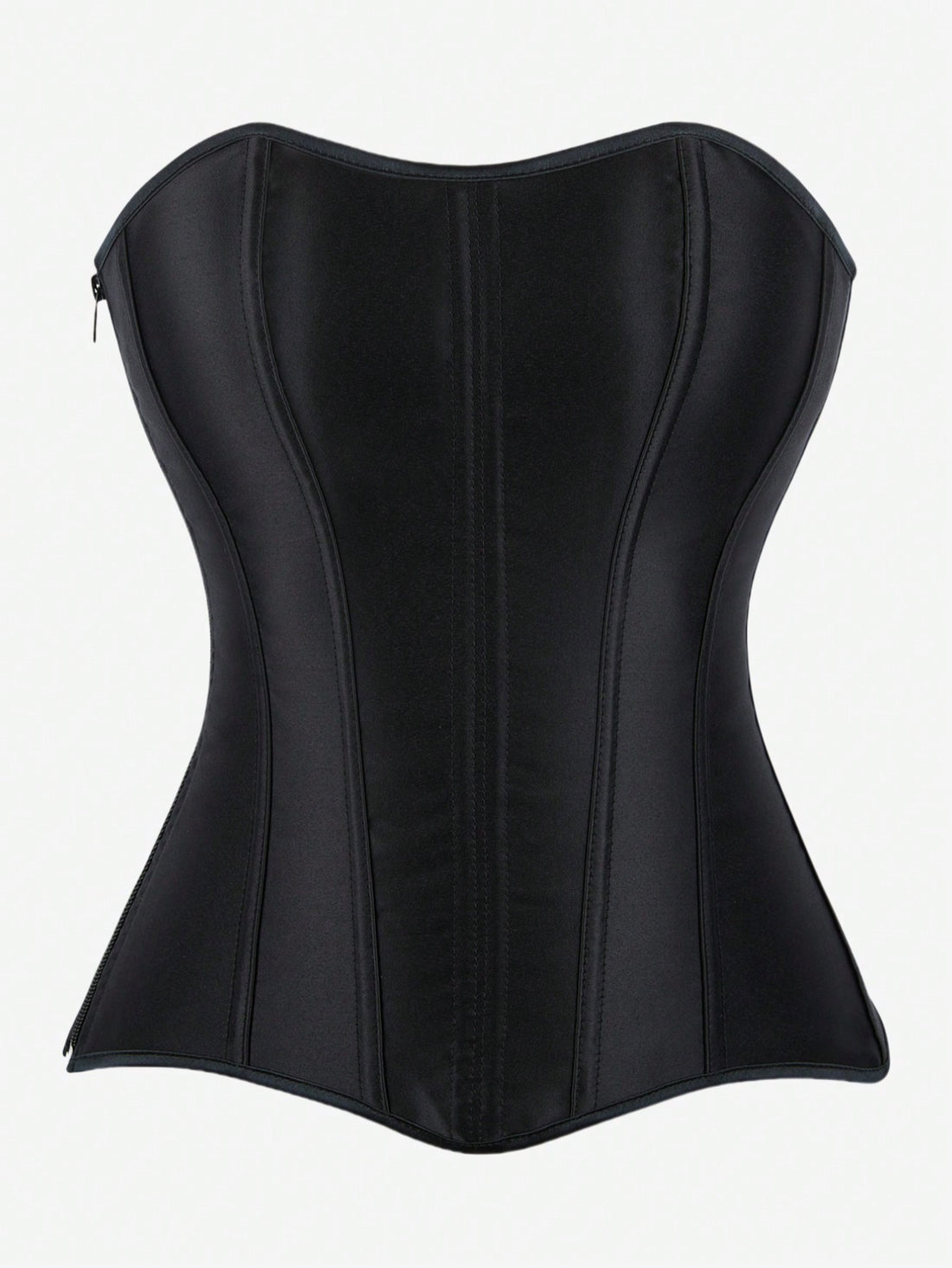 Black overbust corset top bustier with 11 steel bones, side zipper, and grommet eyelet detailing for waist shaping.